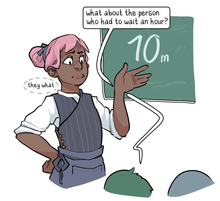 An illustration showing: Another waiter points out that they had one customer who had to wait an hour.