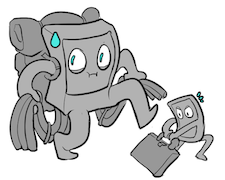 An illustration of the workshy server and their informant fleeing with packed suitcases