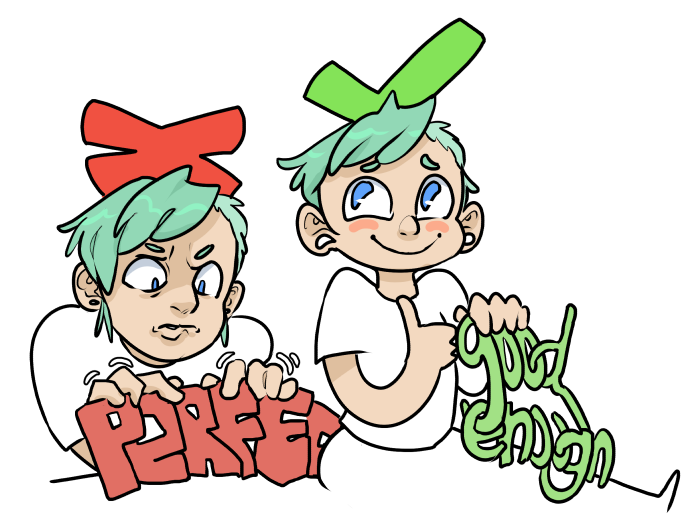 An illustration showing: A person wrestling with Perfection finds that aiming for good enough is a better approach.