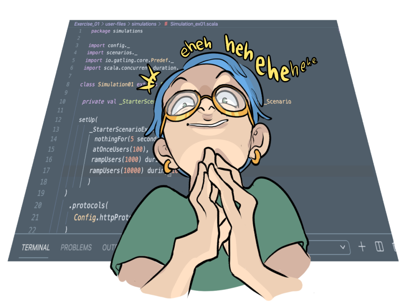 An illustration of software tester writing their load test and laughing with dramatic glee