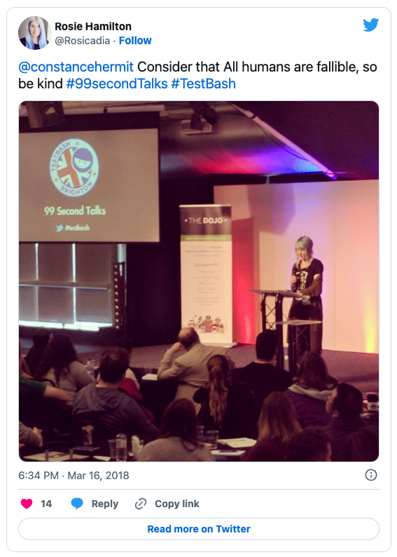 Tweet from Rosie Hamilton reads: @constancehermit Consider that All humans are fallible, so be kind