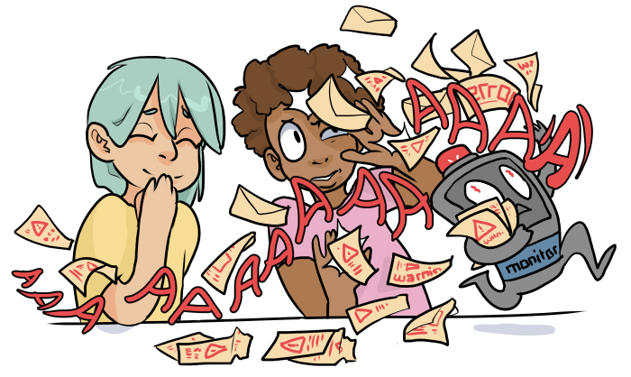 An illustration showing: A Monitoring System runs screaming through the office, showering all in panicky error notifications.