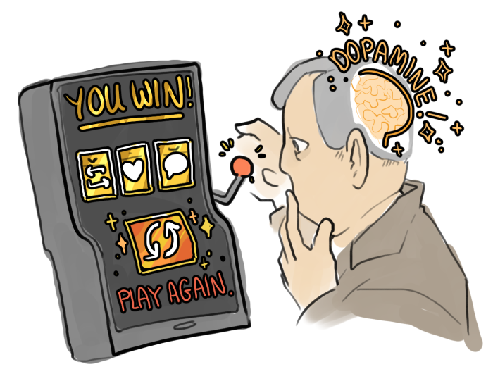 An illustration of a smartphone designed to look like a slot machine, operated by a person hungry for their dopamine fix, displays a prompt to refresh for more notification validation