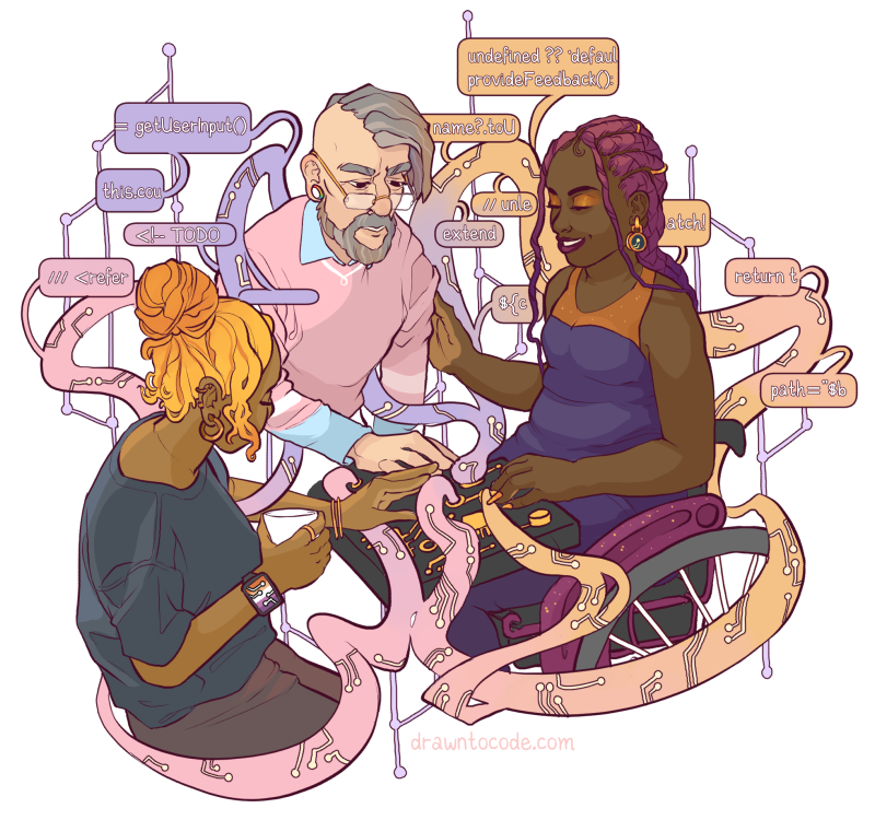 Illustration of three people thinking and talking about code together. They're gathered around a device of some kind, and surrounded by swirling pastel circuit-board patterned version control branches. Featuring a trans-pride jumper, lesbian smart-watch, and sparkly outfit-co-ordinated wheelchair! So bored of 'software dev' image search results. Bring on the colourful teams with diverse experiences!